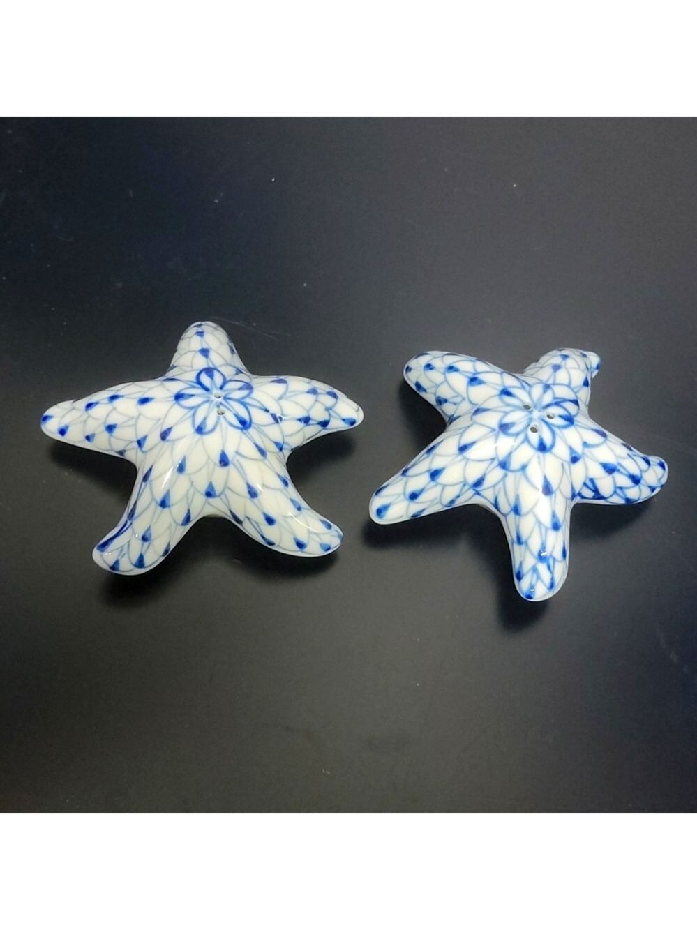 Andrea By Sadek Blue and White Porcelain Starfish Salt Cellars